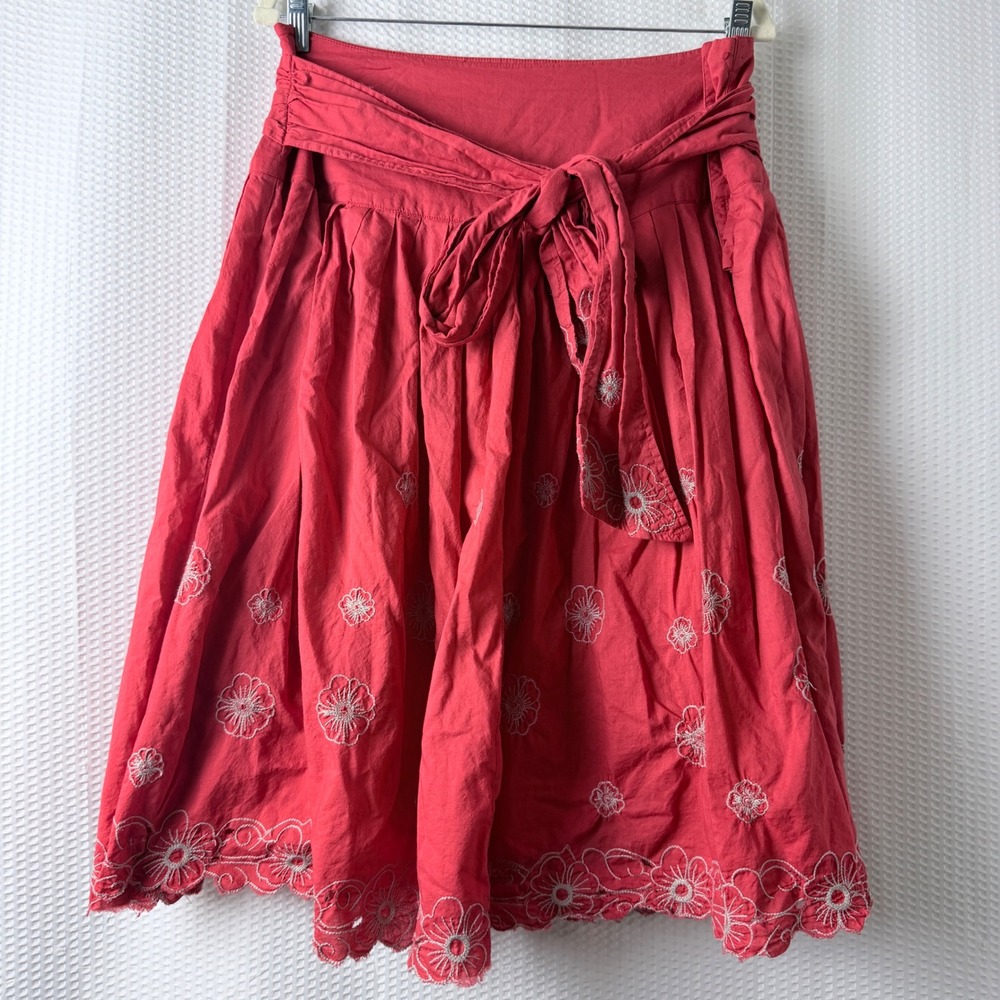 Lapis Skirt Women XL Red Embroidered Floral Scalloped Hem Tie Waist Boho Midi